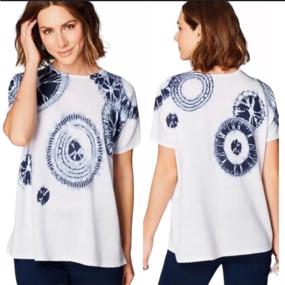 J. Jill White and Blue linen blend kniy Boxy Relaxed blouse XL